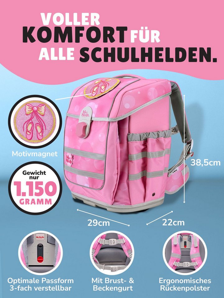 McNeill Schulranzen Ergo Complete 1.-4. Klasse ergonomisch, leicht, Volumen 20 Liter (Set, 9-tlg., inkl. Brotdose, Trinkflasche und Schultüte / Zuckertüte 85cm), ClickFlex-Rückensystem, Reflektoren, inkl. McAddy Ballerina