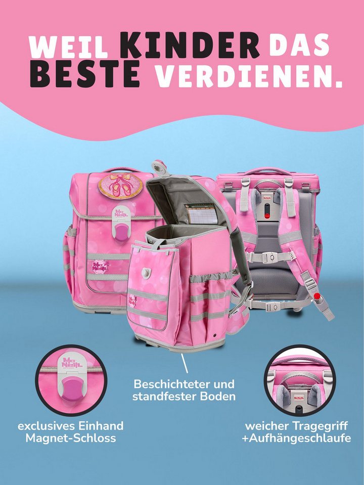 McNeill Schulranzen Ergo Complete 1.-4. Klasse ergonomisch, leicht, Volumen 20 Liter (Set, 9-tlg., inkl. Brotdose, Trinkflasche und Schultüte / Zuckertüte 85cm), ClickFlex-Rückensystem, Reflektoren, inkl. McAddy Ballerina Bild 2