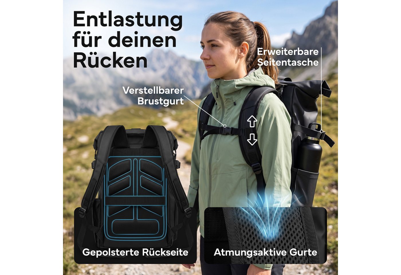 NEOLYMP Rucksack Wasserdichter Rolltop Backpack, Laptopfach, Wet Case & Rückenzugriff, Reiserucksack Herren & Damen flexibel erweiterbar - Sportrucksack