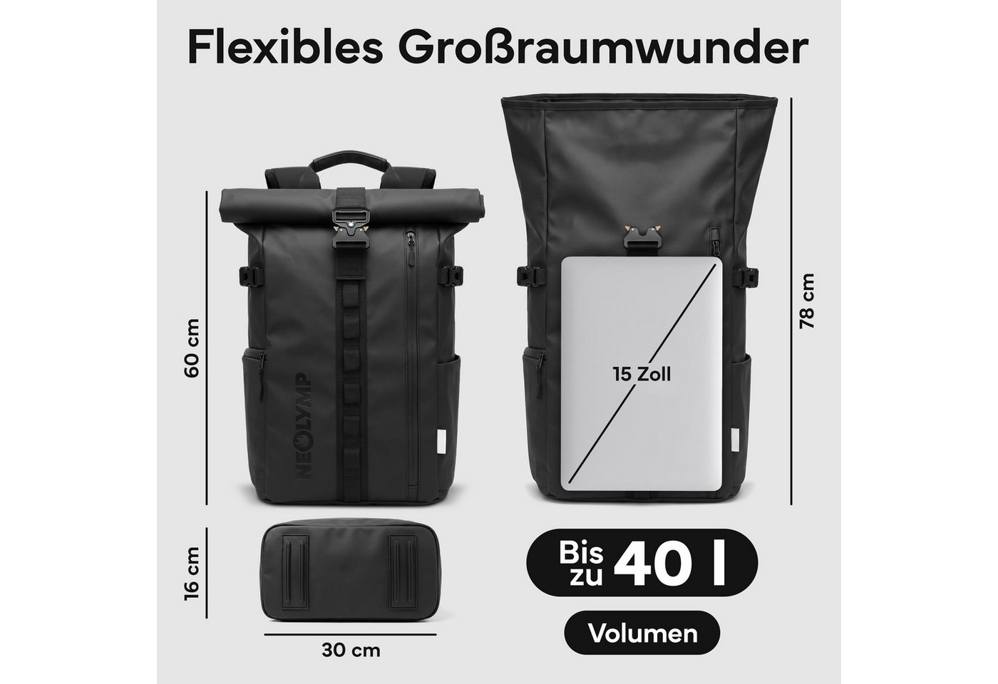 NEOLYMP Rucksack Wasserdichter Rolltop Backpack, Laptopfach, Wet Case & Rückenzugriff, Reiserucksack Herren & Damen flexibel erweiterbar - Sportrucksack Bild 2