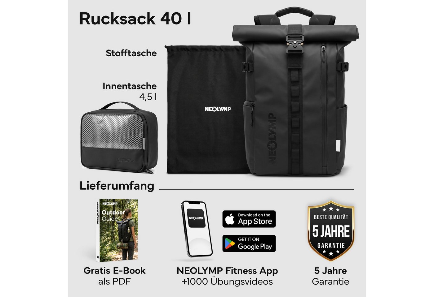 NEOLYMP Rucksack Wasserdichter Rolltop Backpack, Laptopfach, Wet Case & Rückenzugriff, Reiserucksack Herren & Damen flexibel erweiterbar - Sportrucksack Bild 4