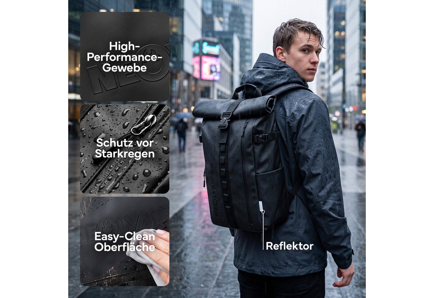 NEOLYMP Rucksack Wasserdichter Rolltop Backpack, Laptopfach, Wet Case & Rückenzugriff, Reiserucksack Herren & Damen flexibel erweiterbar - Sportrucksack Bild 5