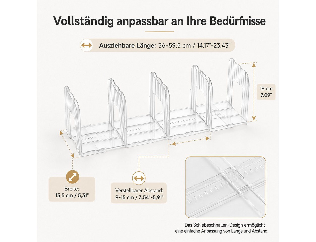 BlingBin Taschenorganizer Verstellbarer Handtaschen organizer 4 Fächer, 36–59,5 cm (Handtaschenhalter, 1-tlg., transparente aufbewahrung), Taschenaufbewahrung, Regaltrenner für Bücher Clutch Tragetaschen