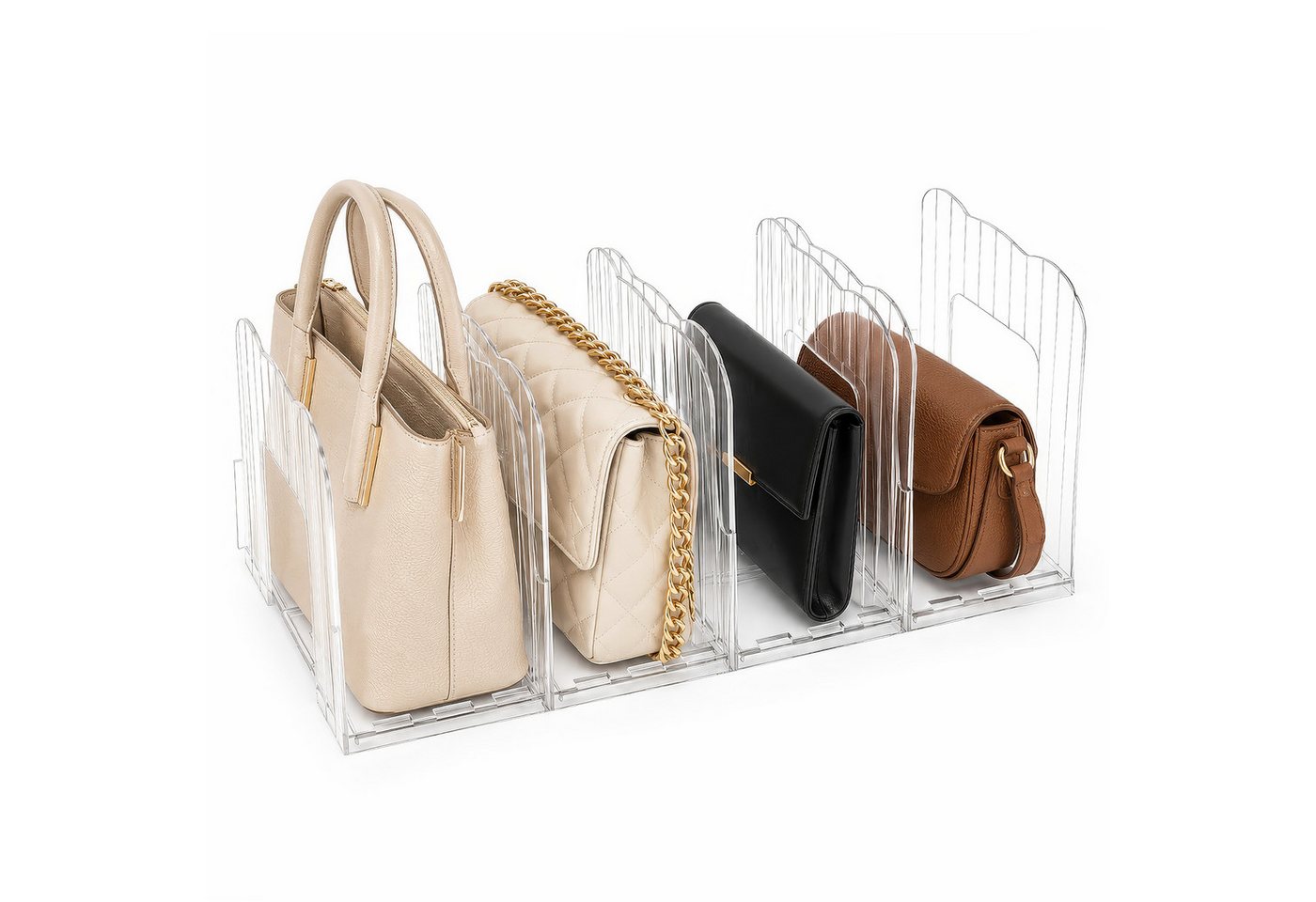 BlingBin Taschenorganizer Verstellbarer Handtaschen organizer 4 Fächer, 36–59,5 cm (Handtaschenhalter, 1-tlg., transparente aufbewahrung), Taschenaufbewahrung, Regaltrenner für Bücher Clutch Tragetaschen Bild 5