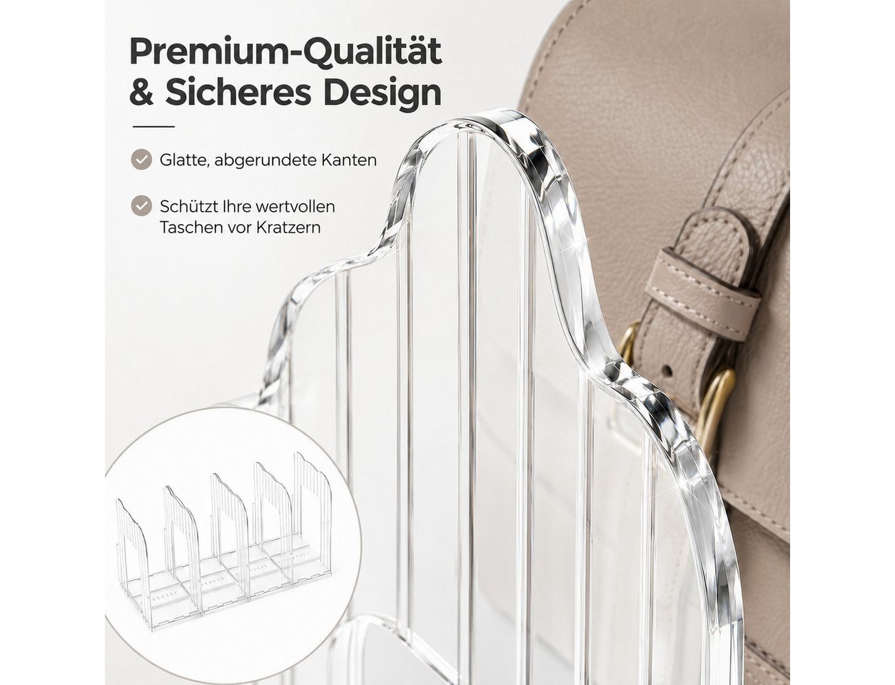 BlingBin Taschenorganizer Verstellbarer Handtaschen organizer 4 Fächer, 36–59,5 cm (Handtaschenhalter, 2-tlg., transparente aufbewahrung), Taschenaufbewahrung, Regaltrenner für Bücher Clutch Tragetaschen Bild 2