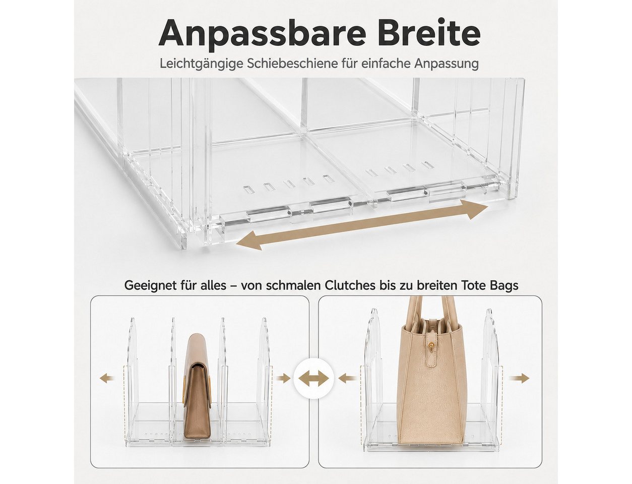 BlingBin Taschenorganizer Verstellbarer Handtaschen organizer 4 Fächer, 36–59,5 cm (Handtaschenhalter, 2-tlg., transparente aufbewahrung), Taschenaufbewahrung, Regaltrenner für Bücher Clutch Tragetaschen Bild 3