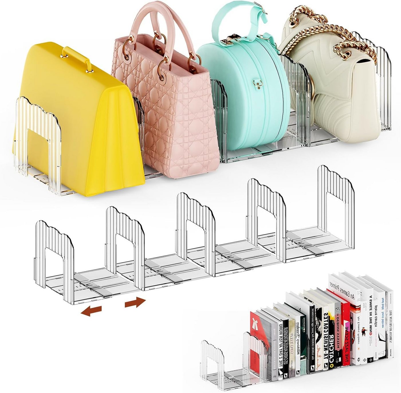 BlingBin Taschenorganizer Verstellbarer Handtaschen organizer 4 Fächer, 36–59,5 cm (Handtaschenhalter, 2-tlg., transparente aufbewahrung), Taschenaufbewahrung, Regaltrenner für Bücher Clutch Tragetaschen Bild 4