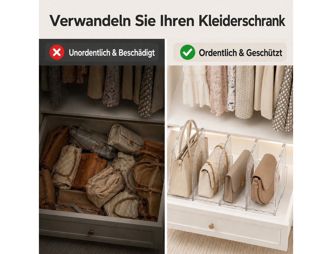 BlingBin Taschenorganizer Verstellbarer Handtaschen organizer 4 Fächer, 36–59,5 cm (Handtaschenhalter, 2-tlg., transparente aufbewahrung), Taschenaufbewahrung, Regaltrenner für Bücher Clutch Tragetaschen Bild 5