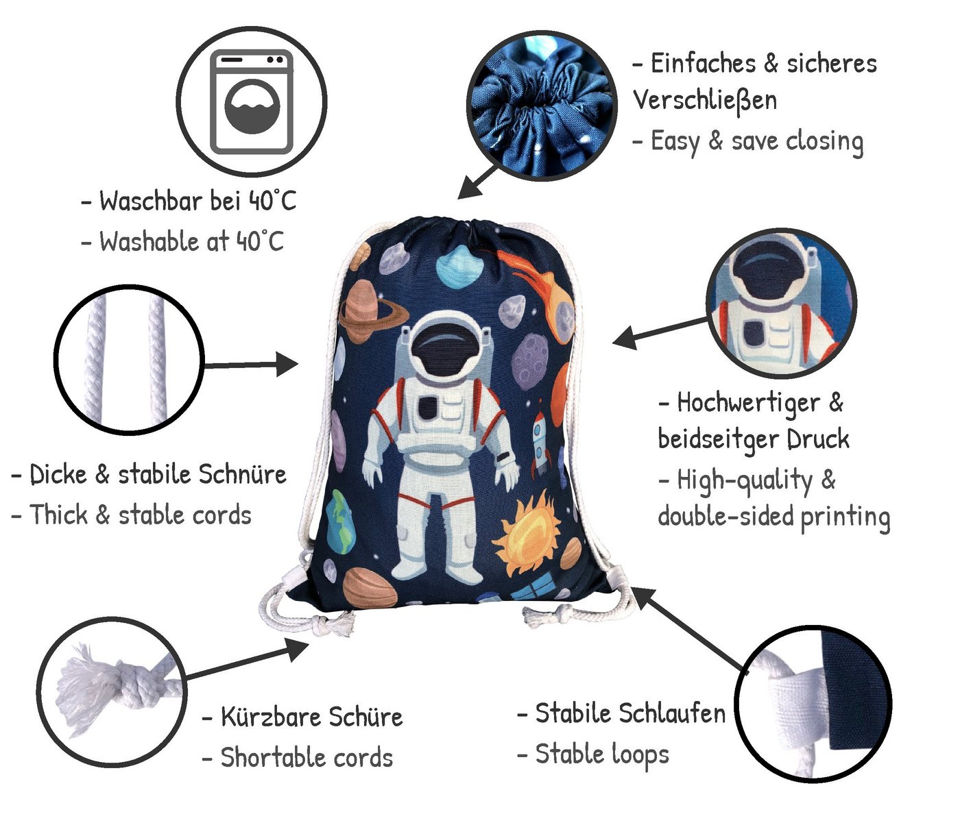 HECKBO Turnbeutel Kinder Turnbeutel mit Astronaut Weltraum Motiven Unisex Kindergarten, Krippe, Reise, Sport, geeignet als Gymsack, Rucksack, Spieltasche, Sportbeutel, Schuhbeutel - für Mädchen und Jungen Bild 5