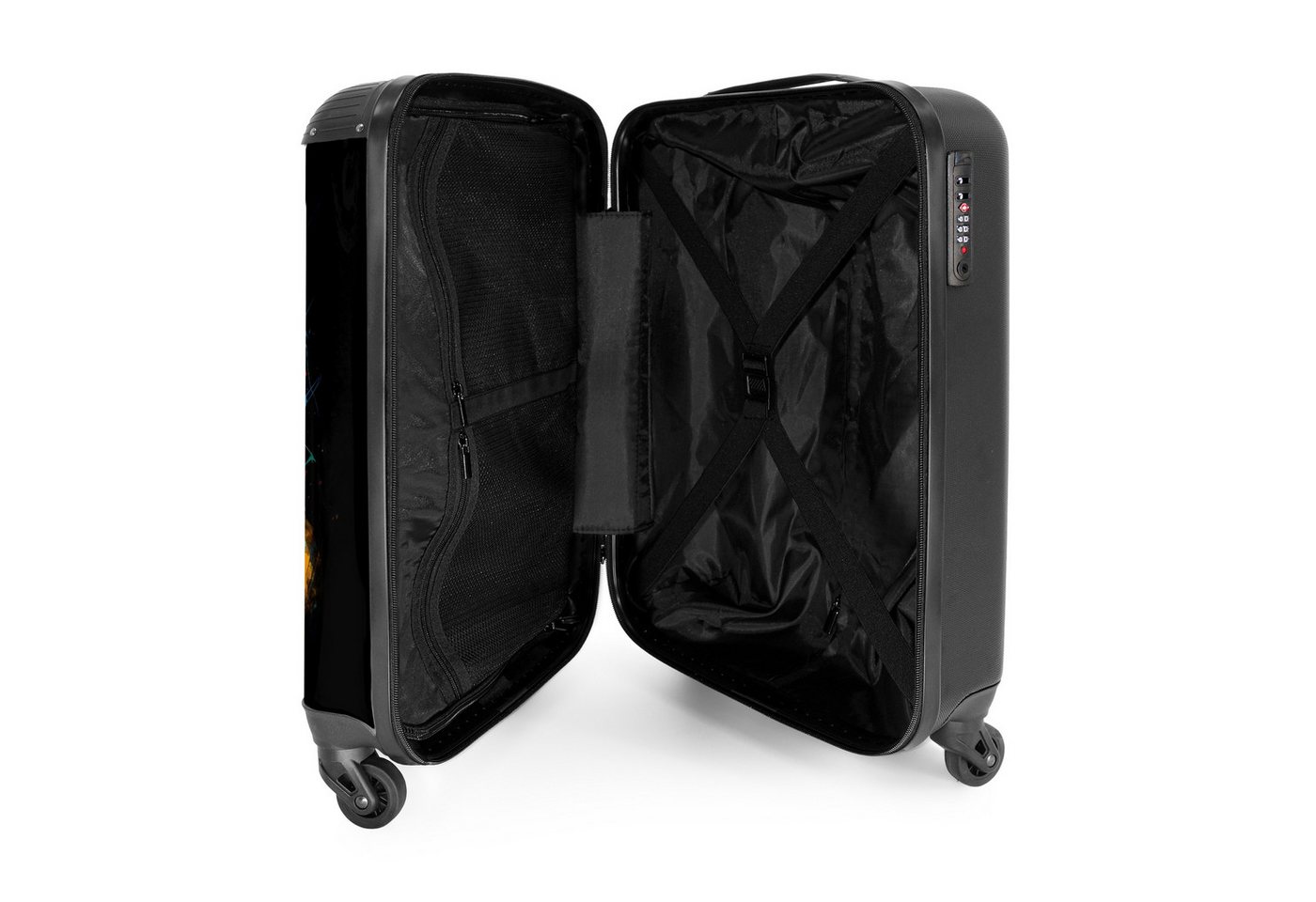 NoBoringSuitcases.com© Hartschalen-Trolley Katze mit bunter Weste und orangefarbener Brille 55x35x20cm, 4 Rollen, Reisetasche mit Rollen, Koffer Handgepäck Flugzeug