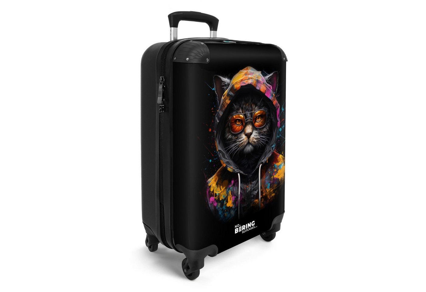 NoBoringSuitcases.com© Hartschalen-Trolley Katze mit bunter Weste und orangefarbener Brille 55x35x20cm, 4 Rollen, Reisetasche mit Rollen, Koffer Handgepäck Flugzeug Bild 2