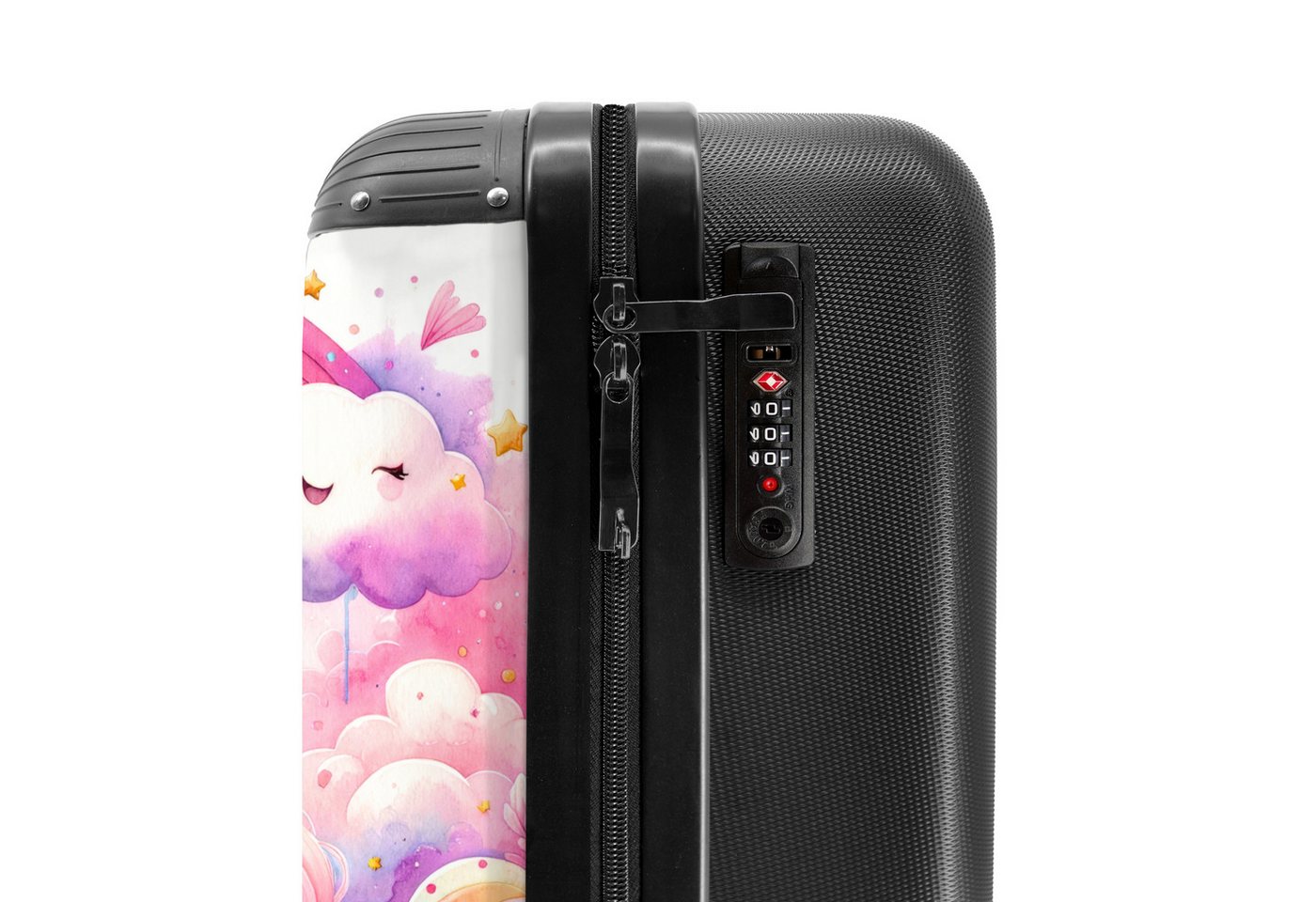 NoBoringSuitcases.com© Kinderkoffer Prinzessin und Einhorn mit Regenbogen und rosa Wolken 55x35x20cm, 4 Rollen, Handgepäck-Koffer, Kinderkoffer, Reisekoffer Mädchen