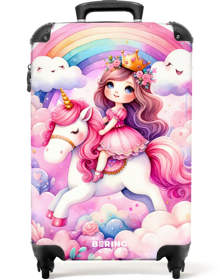 NoBoringSuitcases.com© Kinderkoffer Prinzessin und Einhorn mit Regenbogen und rosa Wolken 55x35x20cm, 4 Rollen, Handgepäck-Koffer, Kinderkoffer, Reisekoffer Mädchen Bild 2