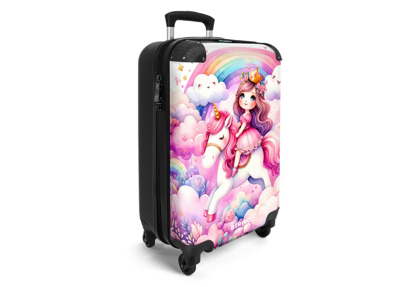 NoBoringSuitcases.com© Kinderkoffer Prinzessin und Einhorn mit Regenbogen und rosa Wolken 55x35x20cm, 4 Rollen, Handgepäck-Koffer, Kinderkoffer, Reisekoffer Mädchen Bild 5