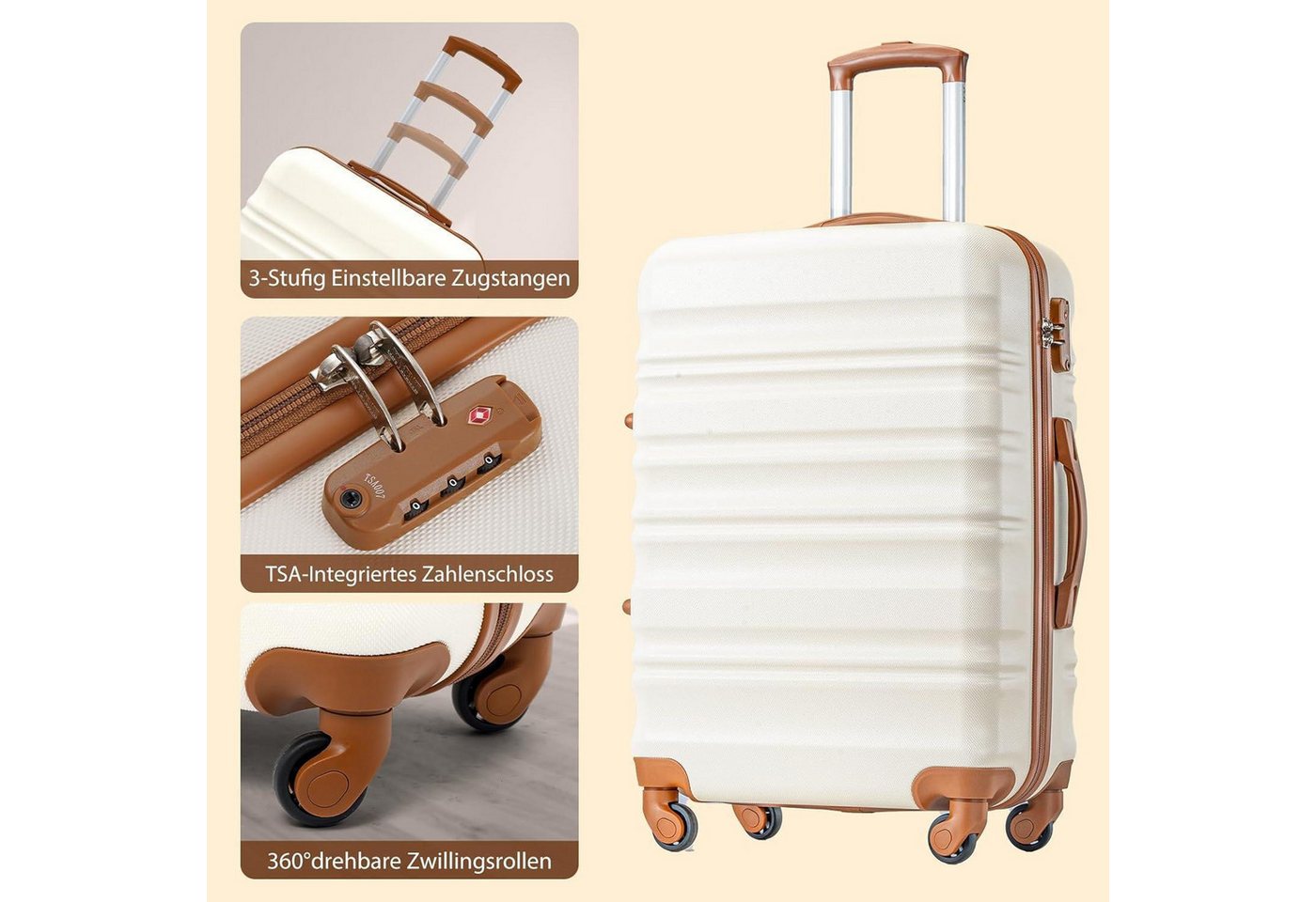 LuxusKollektion Hartschalen-Trolley Hartschalen Koffer Trolley TSA Schloss 4 Großer Koffer Weiß Braun