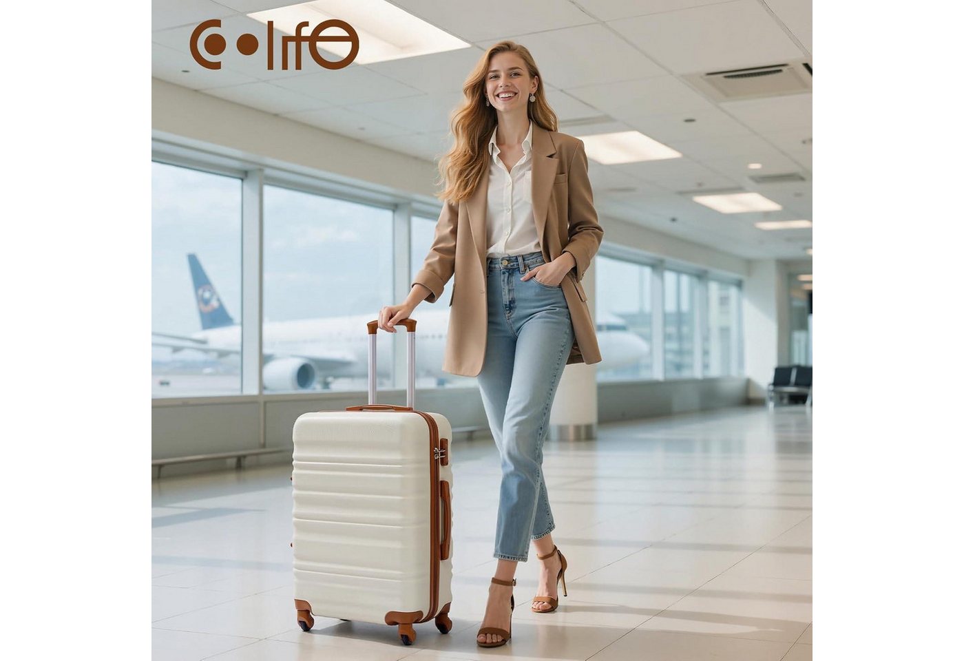 LuxusKollektion Hartschalen-Trolley Hartschalen Koffer Trolley TSA Schloss 4 Großer Koffer Weiß Braun Bild 5