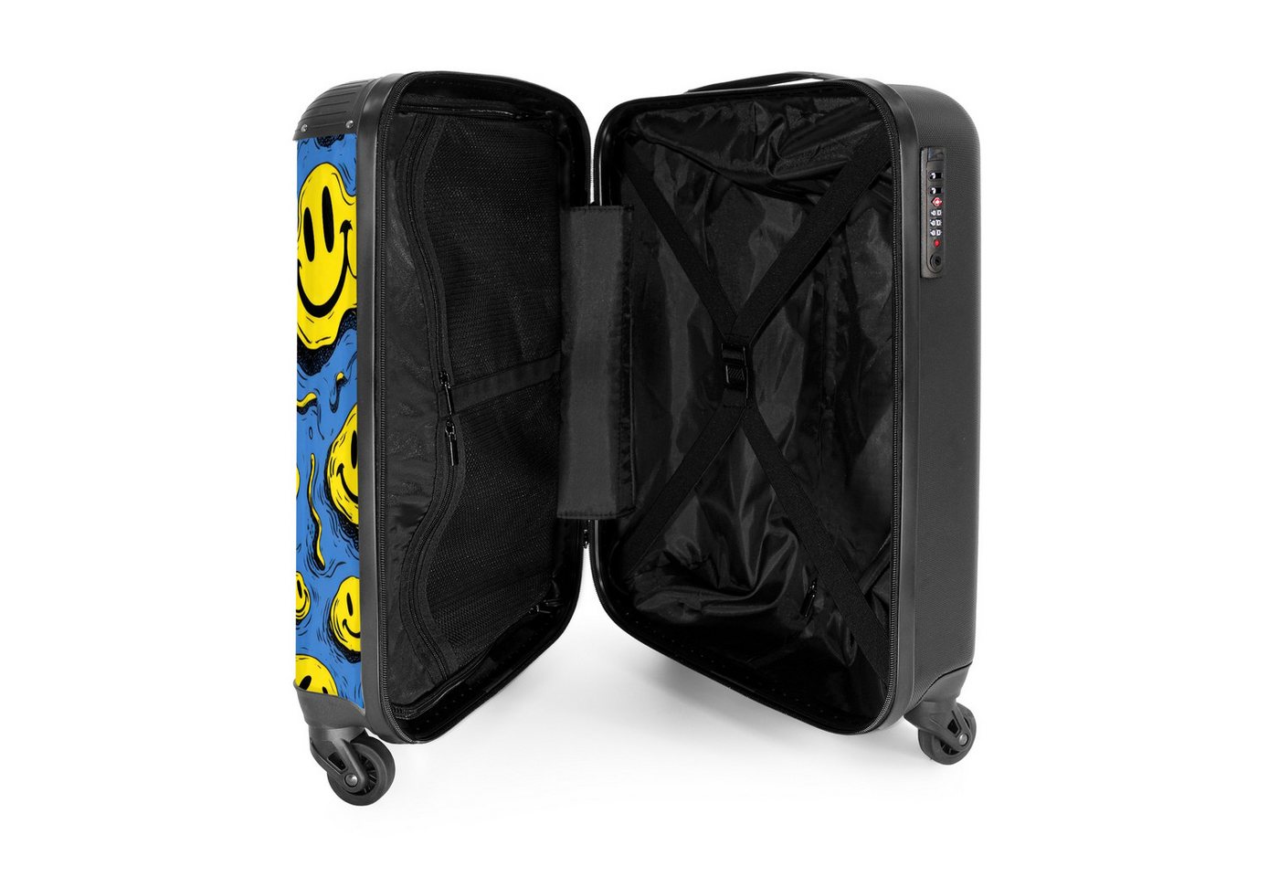 NoBoringSuitcases.com© Kinderkoffer Gelbe verschnörkelte Smiley-Gesichter auf blauem Hintergrund 55x35x20c, Kinder Koffer Klein, Trolley Handgepäck, Reisekoffer Bild 2