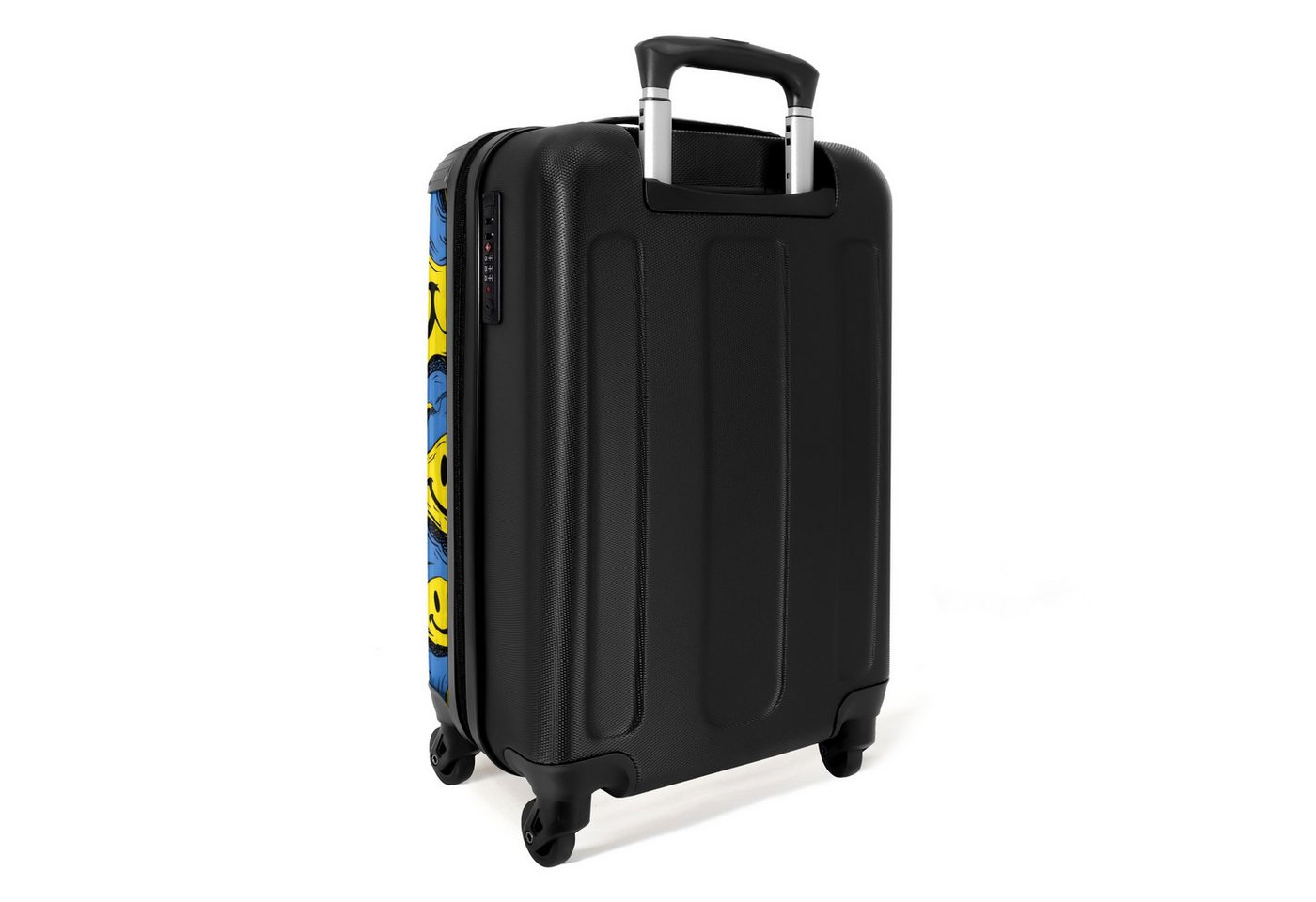 NoBoringSuitcases.com© Kinderkoffer Gelbe verschnörkelte Smiley-Gesichter auf blauem Hintergrund 55x35x20c, Kinder Koffer Klein, Trolley Handgepäck, Reisekoffer Bild 3