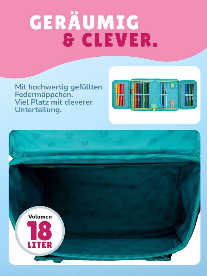 McNeill Schulranzen Disney Minnie Mouse Schultasche, Set zur Einschulung Schulanfang (Set, 10-tlg., inkl. Lunch-Set, Sporttasche & Schultüte / Zuckertüte Schmetterlinge), mit Brustgurt, 980 Gramm leicht, 18L Volumen Bild 2