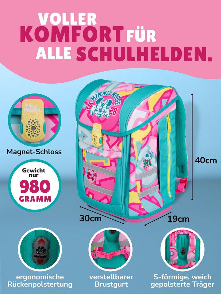 McNeill Schulranzen Disney Minnie Mouse Schultasche, Set zur Einschulung Schulanfang (Set, 10-tlg., inkl. Lunch-Set, Sporttasche & Schultüte / Zuckertüte Schmetterlinge), mit Brustgurt, 980 Gramm leicht, 18L Volumen Bild 3
