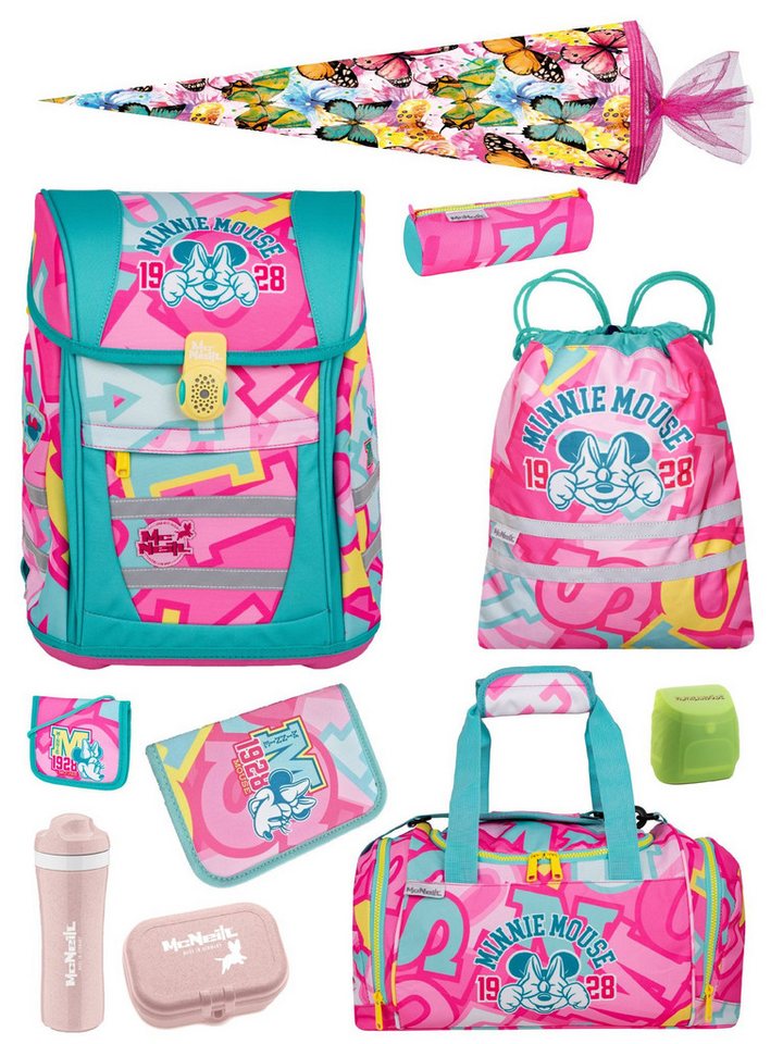 McNeill Schulranzen Disney Minnie Mouse Schultasche, Set zur Einschulung Schulanfang (Set, 10-tlg., inkl. Lunch-Set, Sporttasche & Schultüte / Zuckertüte Schmetterlinge), mit Brustgurt, 980 Gramm leicht, 18L Volumen Bild 4