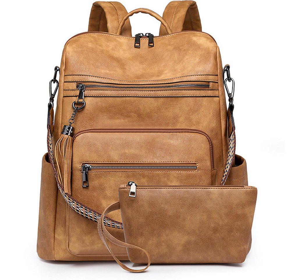 MOPUEA Rucksack Damen-Lederrucksack mit Geldbörse, Rucksack für den täglichen Gebrauch (Modern Schultaschen Handgepäck Reiserucksack Travel Backpack, 2-tlg., Damen-Rucksack, Geldbörse, Lederrucksack, Geldbörse für Damen), Wasserdicht Anti-Diebstahl, 13 Zoll Laptop, Vintage Design