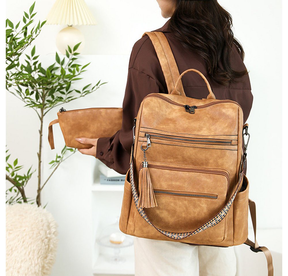 MOPUEA Rucksack Damen-Lederrucksack mit Geldbörse, Rucksack für den täglichen Gebrauch (Modern Schultaschen Handgepäck Reiserucksack Travel Backpack, 2-tlg., Damen-Rucksack, Geldbörse, Lederrucksack, Geldbörse für Damen), Wasserdicht Anti-Diebstahl, 13 Zoll Laptop, Vintage Design Bild 3
