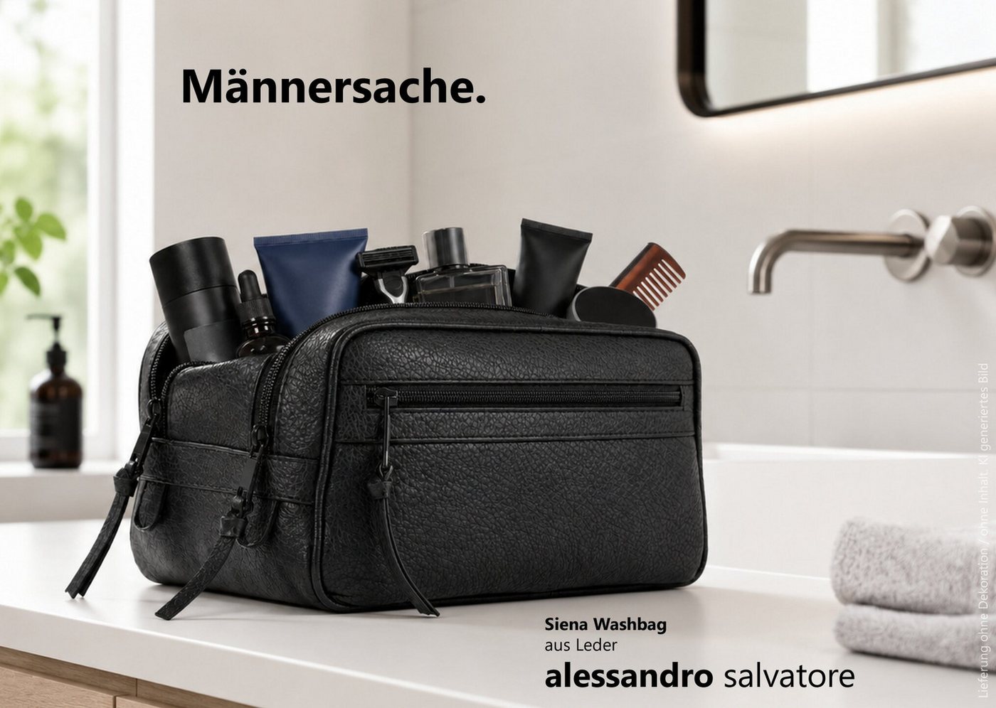 Alessandro Salvatore Kulturbeutel Damen Herren Kulturtasche Leder Washbag 2 Fächer, Kosmetiktasche Beauty Ledertasche Reisetasche Siena 12977 + b