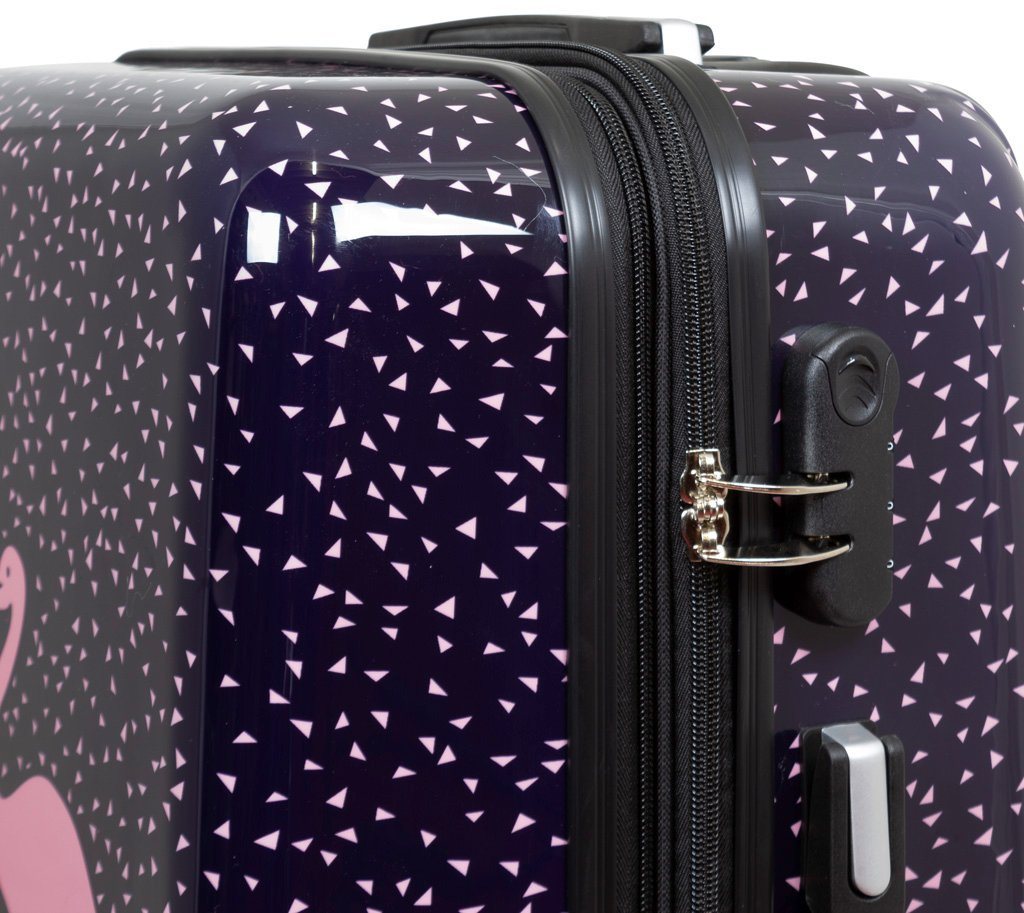 Trendyshop365 Hartschalen-Trolley Kofferset 3 tlg Hartschale Flamingo Motiv 4 Rollen Zahlenschloss, Zahlenschloss, Polycarbonat, Dehnfalte