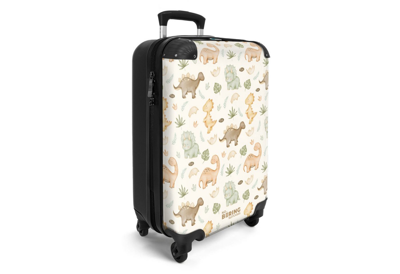 NoBoringSuitcases.com© Kinderkoffer Dino-Muster in Pastellfarben 55x35x20cm, 4 Rollen, Handgepäck Koffer, Hartschalenkoffer Kinder, Reisekoffer Jungen