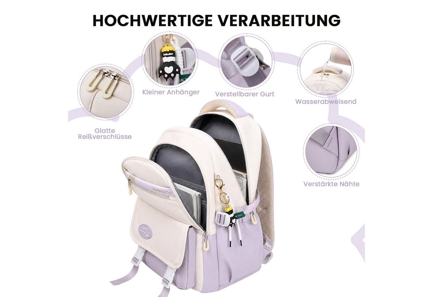 MOPUEA Schulrucksack 3-teiliges Schulrucksack-Set Turnbeutel Mit 6 magnetischen Lesezeichen (Multi-Tasche Schulranzen Rucksack Daypacks Schultaschen-Set Teenager, 3-tlg), mit Lunchbox, Federmäppchen und süßem Anhänger, 3-teilig