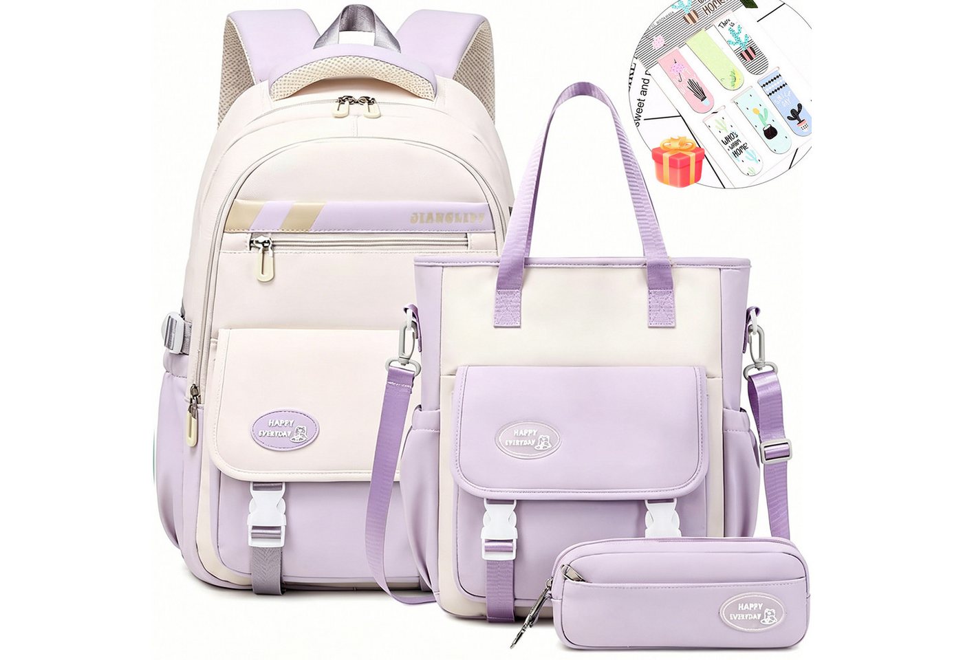 MOPUEA Schulrucksack 3-teiliges Schulrucksack-Set Turnbeutel Mit 6 magnetischen Lesezeichen (Multi-Tasche Schulranzen Rucksack Daypacks Schultaschen-Set Teenager, 3-tlg), mit Lunchbox, Federmäppchen und süßem Anhänger, 3-teilig Bild 2
