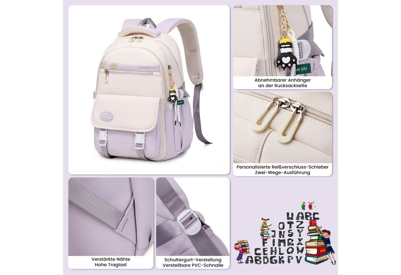 MOPUEA Schulrucksack 3-teiliges Schulrucksack-Set Turnbeutel Mit 6 magnetischen Lesezeichen (Multi-Tasche Schulranzen Rucksack Daypacks Schultaschen-Set Teenager, 3-tlg), mit Lunchbox, Federmäppchen und süßem Anhänger, 3-teilig Bild 3