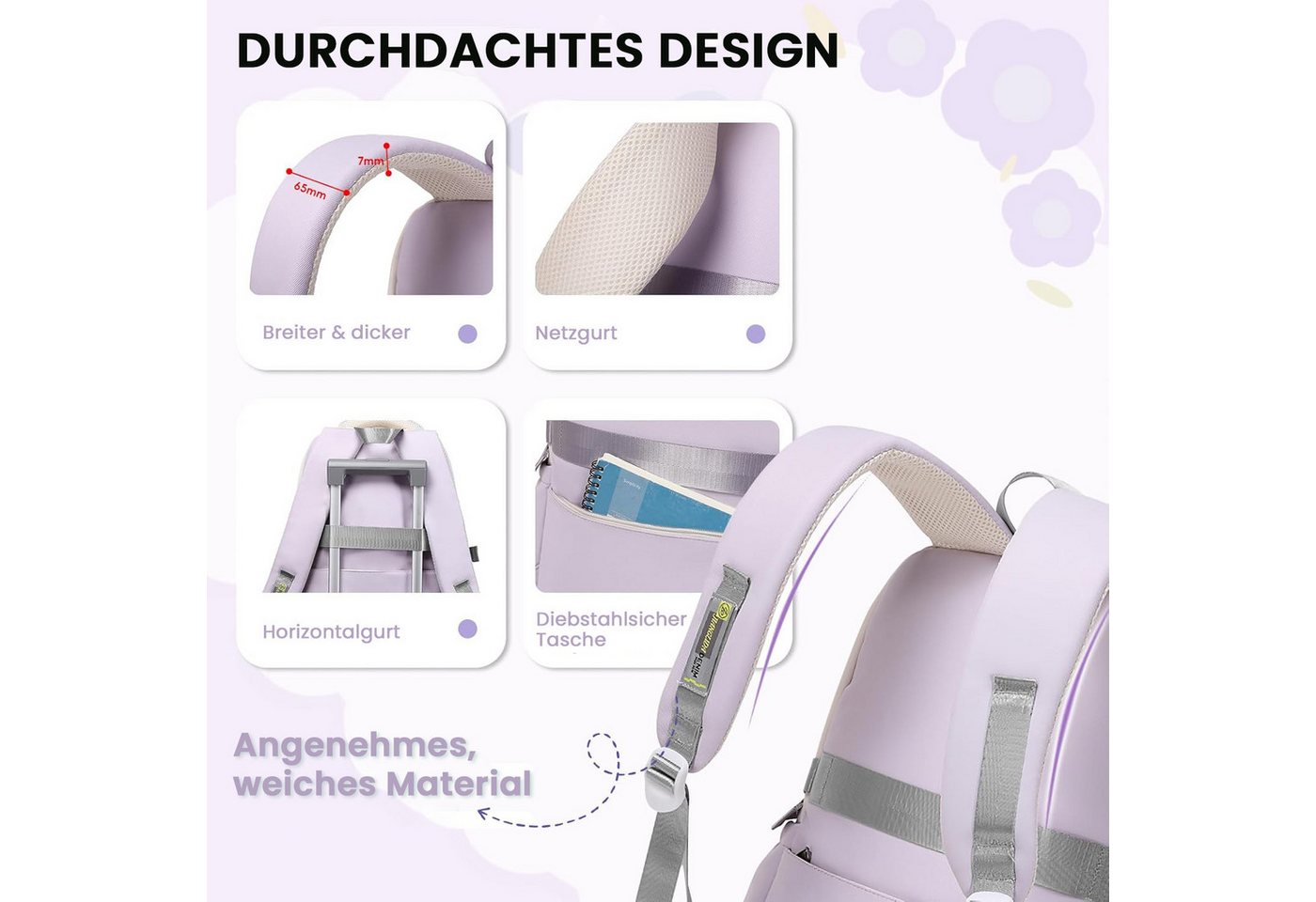 MOPUEA Schulrucksack 3-teiliges Schulrucksack-Set Turnbeutel Mit 6 magnetischen Lesezeichen (Multi-Tasche Schulranzen Rucksack Daypacks Schultaschen-Set Teenager, 3-tlg), mit Lunchbox, Federmäppchen und süßem Anhänger, 3-teilig Bild 4