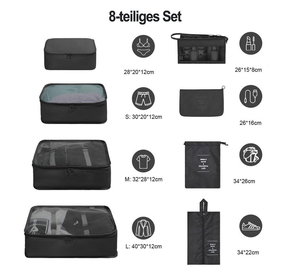 Diwzbyn Kofferorganizer Packwürfel, wasserdichte Reise-Kleiderbeutel, Packtaschen für Koffer, Faltbar / Verstaubar / atmungsaktiv mit Mesh-Oberseite, 8-teilig
