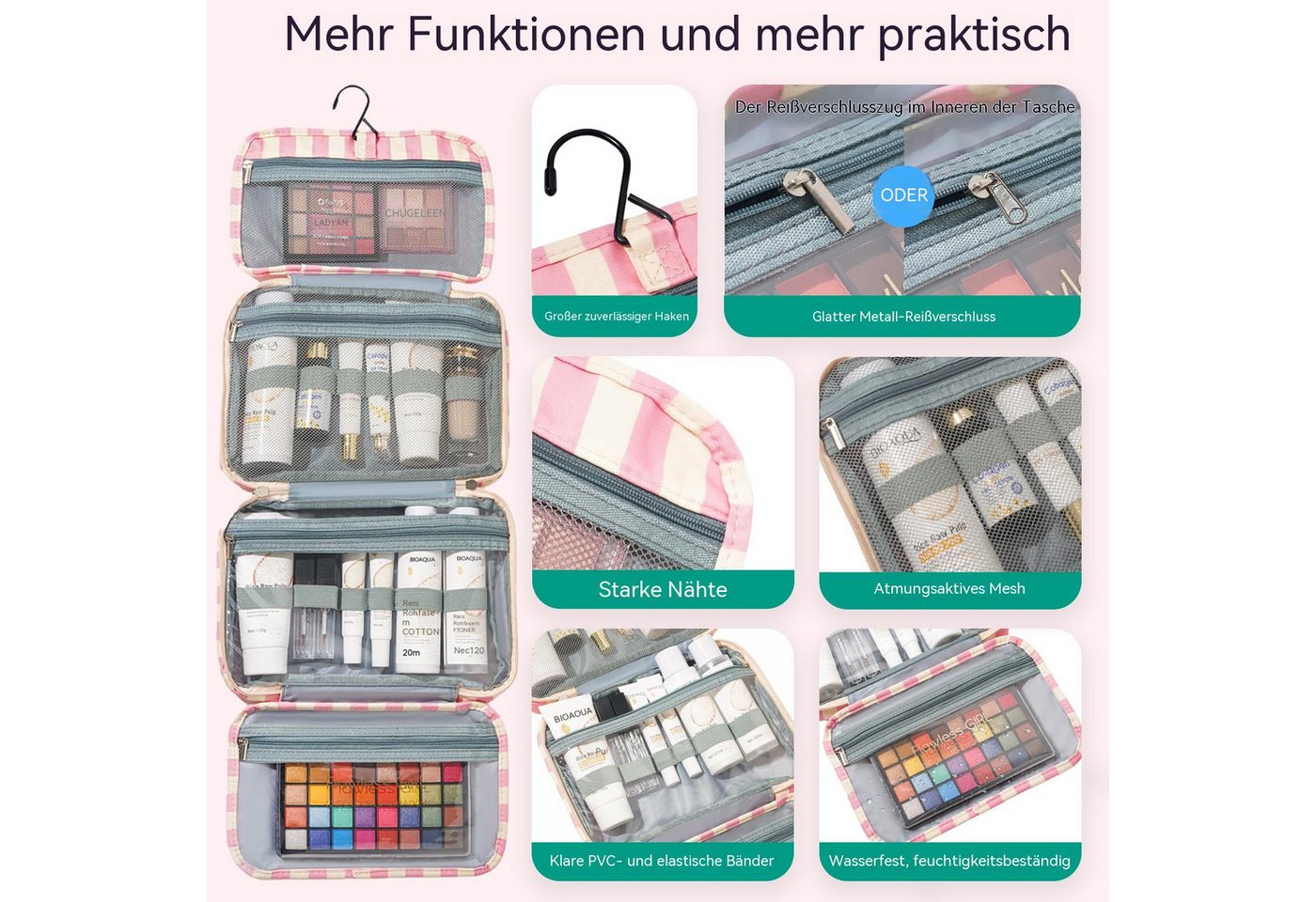 Zyronn Kulturbeutel Reise Kulturtasche Damen, Wasserabweisende Kulturbeutel mit Nassfach, Stilvolle, gestreifte Kosmetiktasche mit Haken