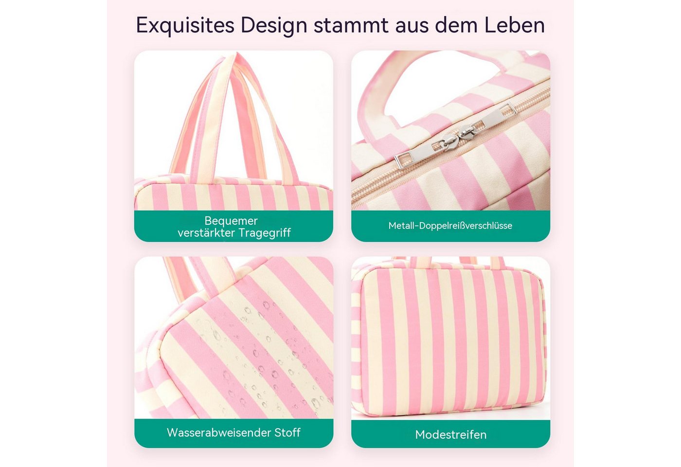 Zyronn Kulturbeutel Reise Kulturtasche Damen, Wasserabweisende Kulturbeutel mit Nassfach, Stilvolle, gestreifte Kosmetiktasche mit Haken Bild 3