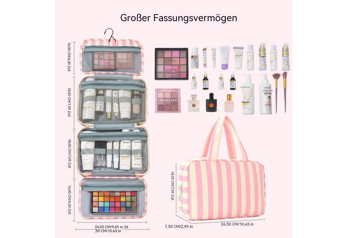 Zyronn Kulturbeutel Reise Kulturtasche Damen, Wasserabweisende Kulturbeutel mit Nassfach, Stilvolle, gestreifte Kosmetiktasche mit Haken Bild 4