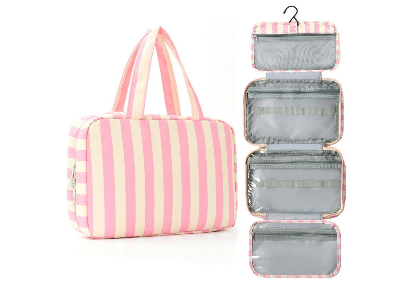 Zyronn Kulturbeutel Reise Kulturtasche Damen, Wasserabweisende Kulturbeutel mit Nassfach, Stilvolle, gestreifte Kosmetiktasche mit Haken Bild 5