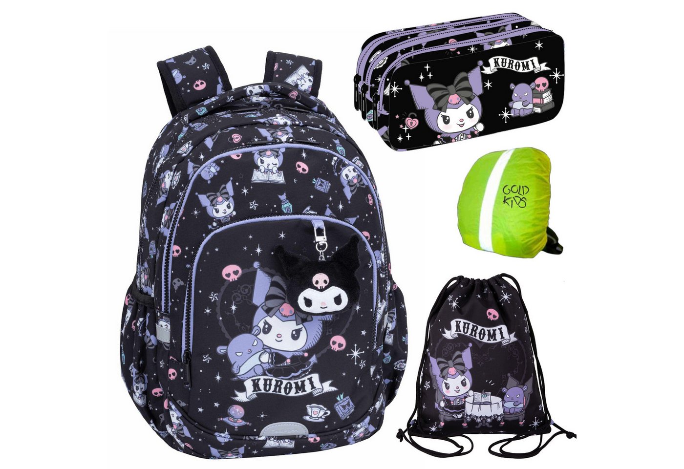 GOLDKIDS Schulranzen für Jungen und Mädchen, 4er-Set (mit Schlampermäppchen, Schuhbeutel, Regenschutz, 1-tlg., Schul-Rucksack für Kinder), Kuromi Motiv