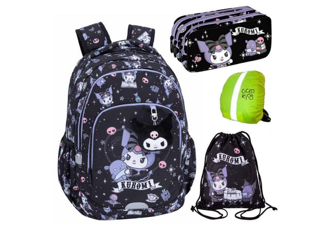 GOLDKIDS Schulranzen für Jungen und Mädchen, 4er-Set (mit Schlampermäppchen, Schuhbeutel, Regenschutz, 1-tlg., Schul-Rucksack für Kinder), Kuromi Motiv