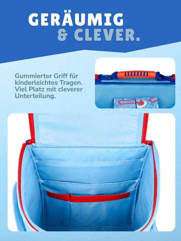 Familando Schulranzen Schulranzen SPIDEY 1.-4. Klasse ergonomisch, leicht, Volumen 15 Liter (10-tlg., inkl. Sporttasche und Schultüte / Zuckertüte 70cm), SPIDEY und seine Freunde, Blau