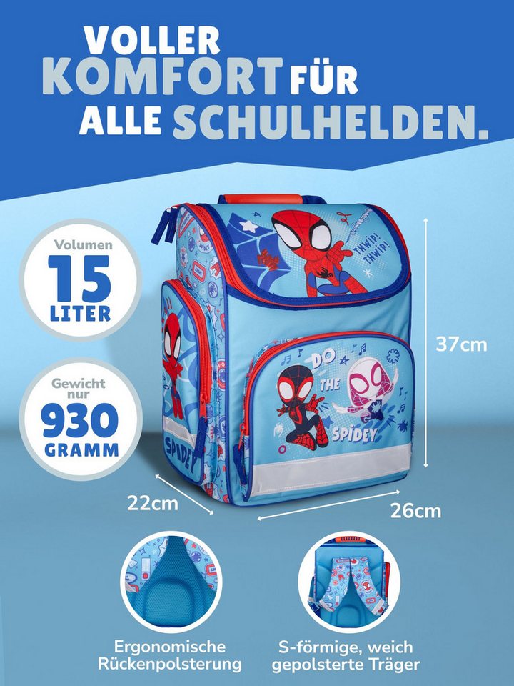 Familando Schulranzen Schulranzen SPIDEY 1.-4. Klasse ergonomisch, leicht, Volumen 15 Liter (10-tlg., inkl. Sporttasche und Schultüte / Zuckertüte 70cm), SPIDEY und seine Freunde, Blau Bild 4