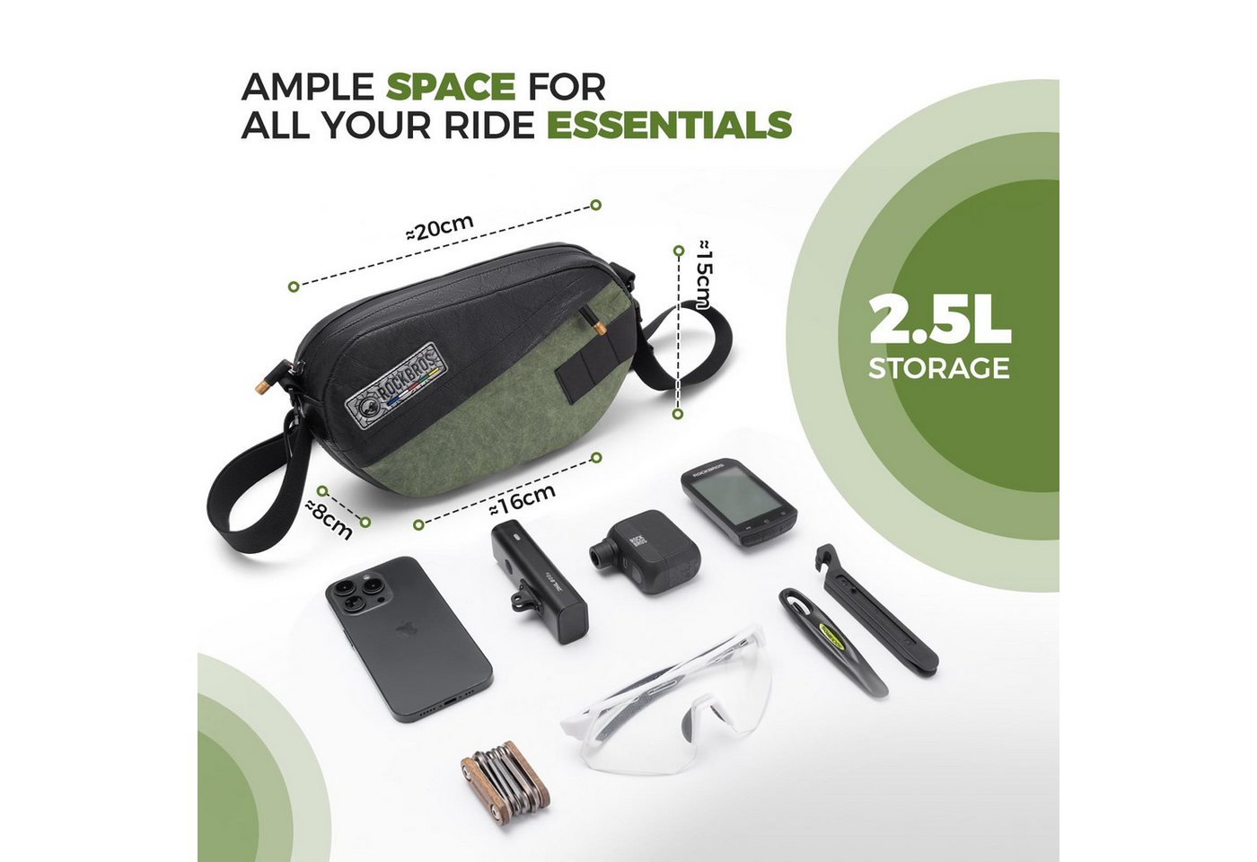 ROCKBROS Fahrradtasche Road to Sky Lenkertasche Fahrrad, aus recyceltem Reifengummi, 2,5 Liter Volumen abnehmbarer Schultergurt