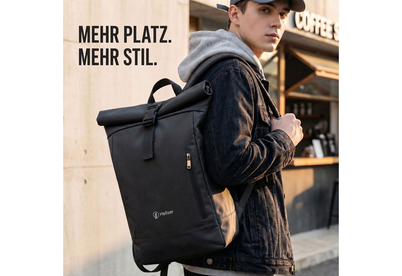 HELLSER Rucksack Rolltop Rucksack – Cityrucksack mit Laptopfach 15,6" Zoll & Koffergurt, 40x29x12 cm – wasserabweisend, geeignet als Handgepäck Bild 3