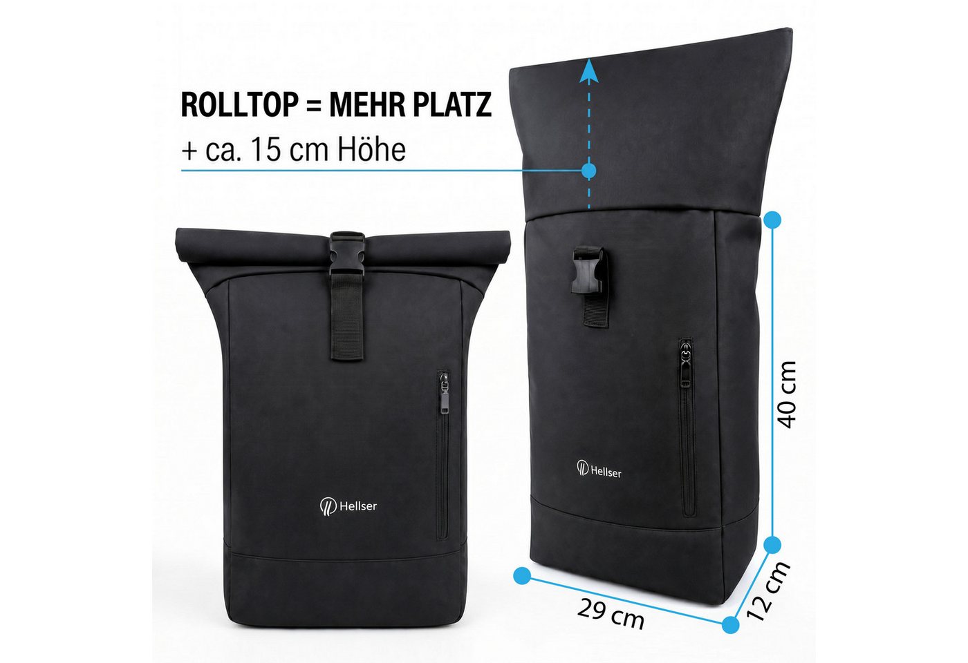 HELLSER Rucksack Rolltop Rucksack – Cityrucksack mit Laptopfach 15,6" Zoll & Koffergurt, 40x29x12 cm – wasserabweisend, geeignet als Handgepäck Bild 4