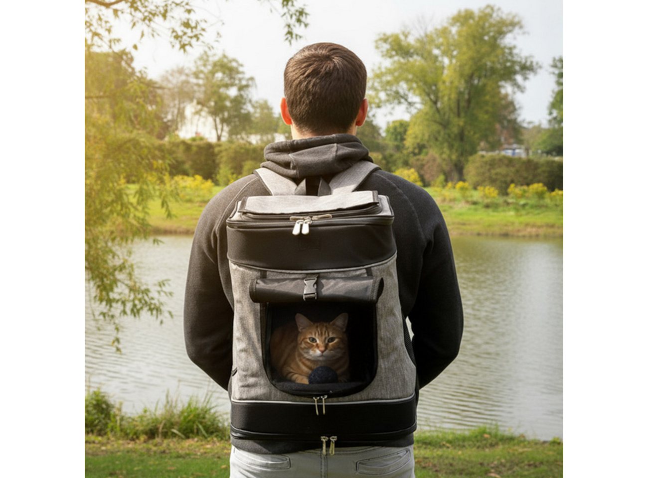 belviona Rucksack für Katzen bis 10 kg, mit Regenschutz, grau/schwarz (1-tlg), mit Belüftung, Trinkflaschenfach & Regenschutz Bild 3