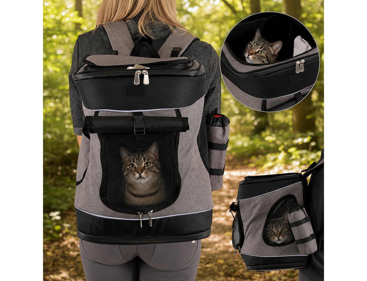 belviona Rucksack für Katzen bis 10 kg, mit Regenschutz, grau/schwarz (1-tlg), mit Belüftung, Trinkflaschenfach & Regenschutz Bild 4