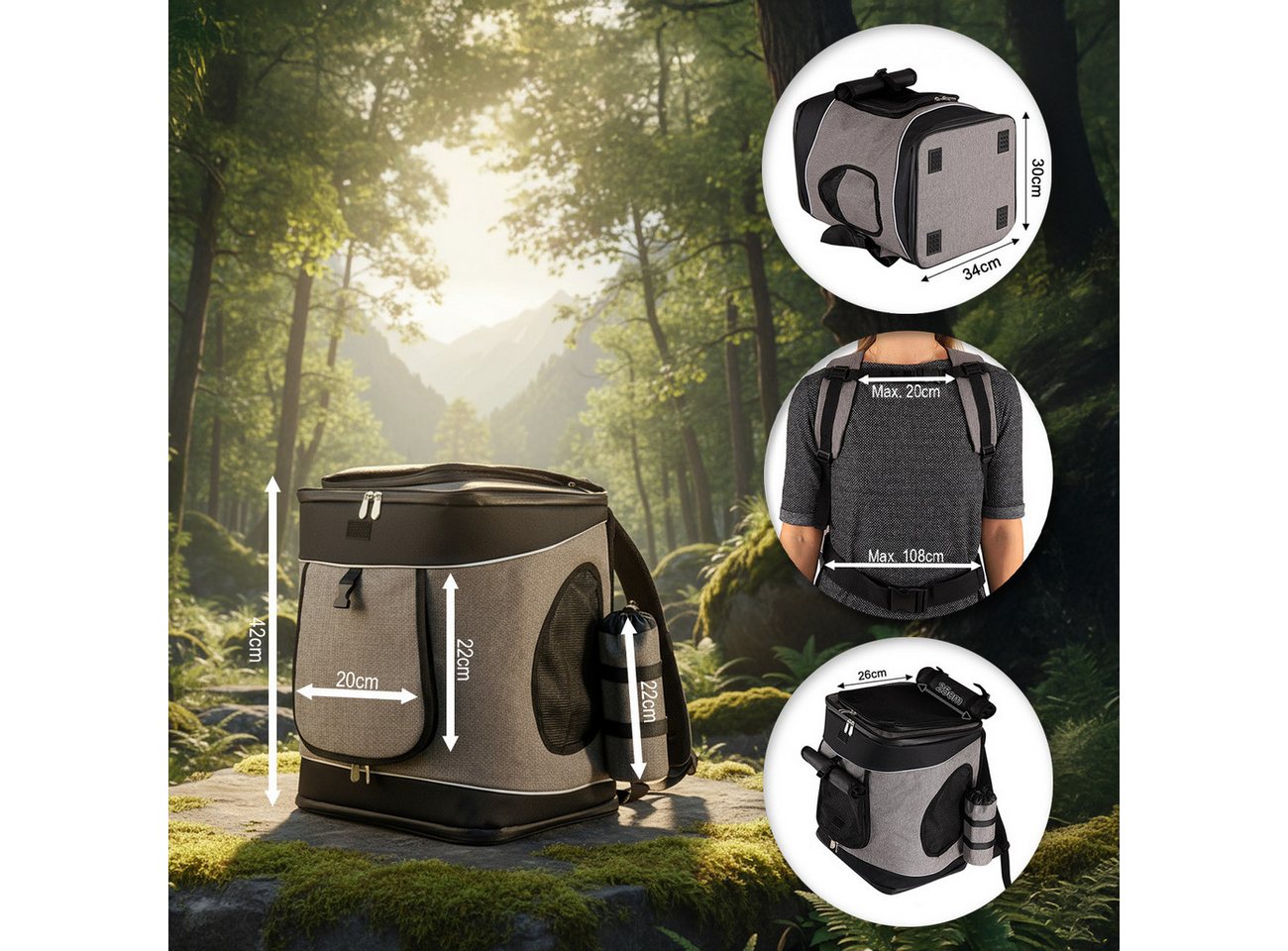 belviona Rucksack für Katzen bis 10 kg, mit Regenschutz, grau/schwarz (1-tlg), mit Belüftung, Trinkflaschenfach & Regenschutz Bild 5