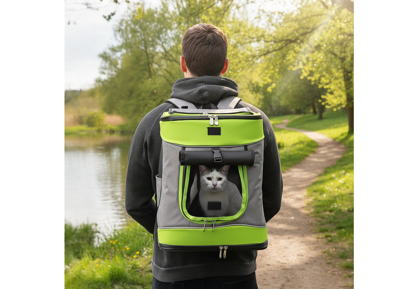 belviona Rucksack für Katzen bis 10 kg, mit Regenschutz, grau/grün (1-tlg), mit Belüftung, Trinkflaschenfach & Regenschutz
